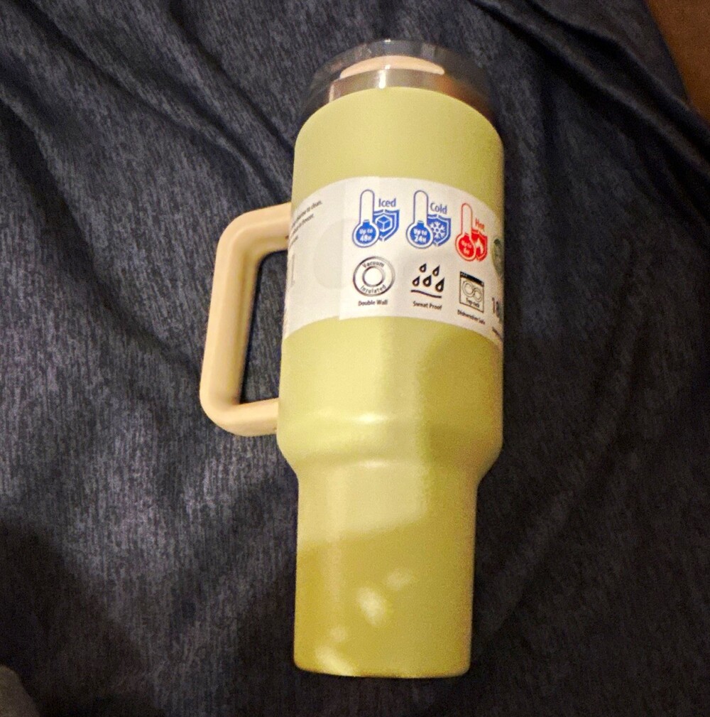 40 oz Insulated Yellow Travel Tumbler w/ Handle, Drink-Through Lid & Straw